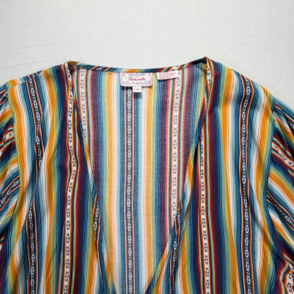 Panhandle Womens Kimono Cardigan Turquoise Fringe Tie Front Geometric Print L/XL